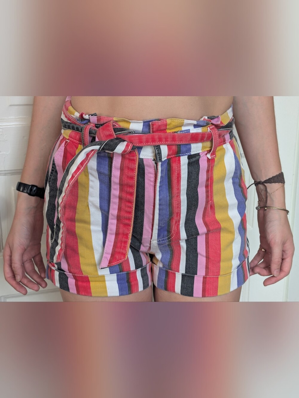 Express Extreme High Rise Belted Shorts Colorful Rainbow Stripe Shorts